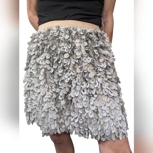 Geisha Designs Silver Sequin Feathered Mini Skirt Party Cocktail Holiday S - Picture 5 of 9